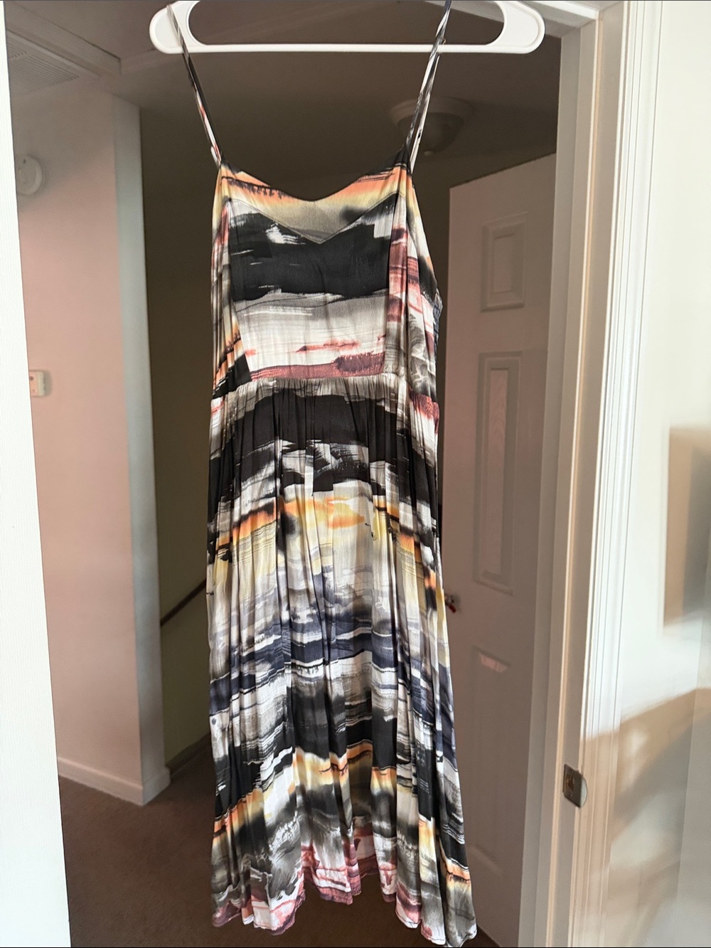 Abstract Stripe Pleated Midi Dress in Black, Cream & Pink